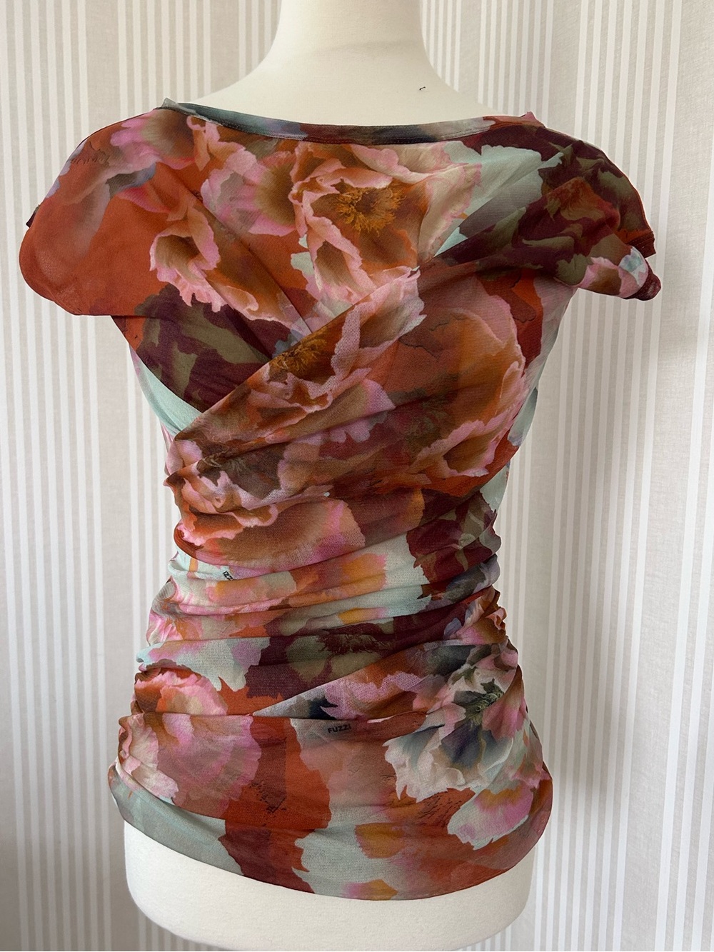 VTG Fuzzi Italy Floral Printed Tulle Mesh Ruched Top Women’s Size Large *Rare*